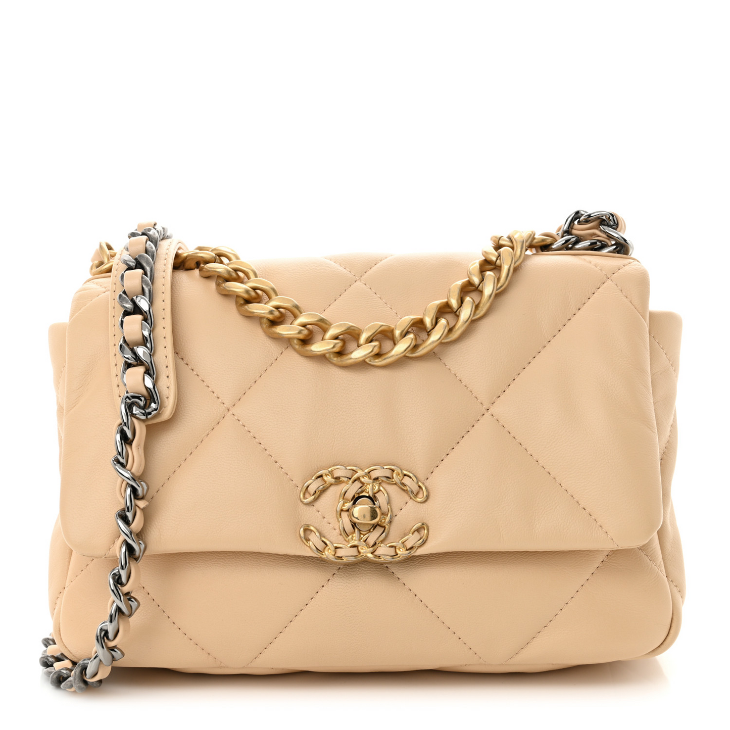 Shiny Goatskin Quilted Medium Chanel 19 Flap Beige