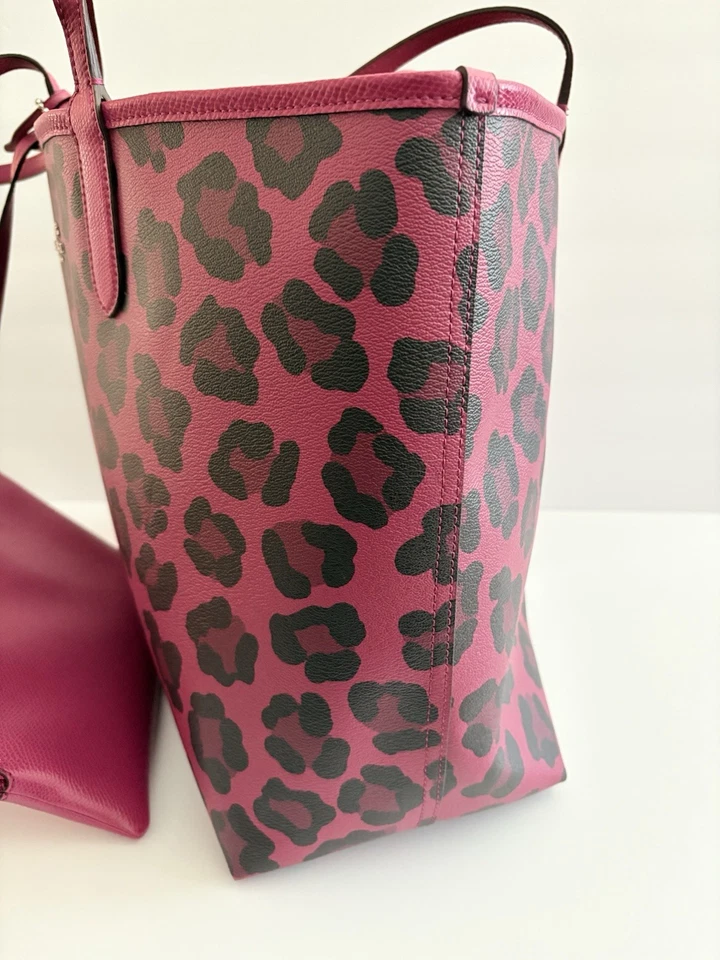 COACH REVERSIBLE CITY TOTE IN WILD BEAST PRINT CANVAS CRAMBERRY F36643 EUC