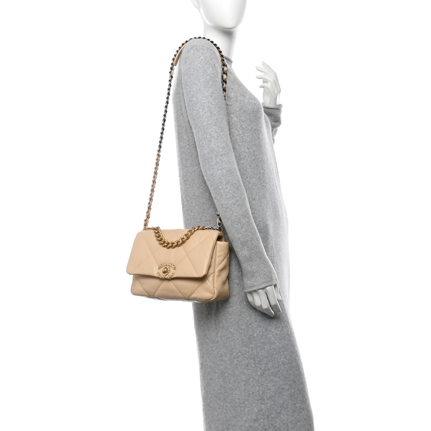 Shiny Goatskin Quilted Medium Chanel 19 Flap Beige