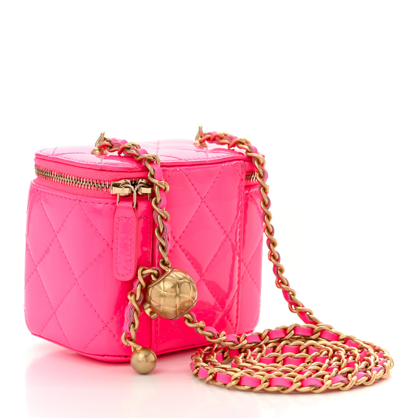 Patent Quilted Pearl Crush Mini Vanity Case With Chain Neon Pink