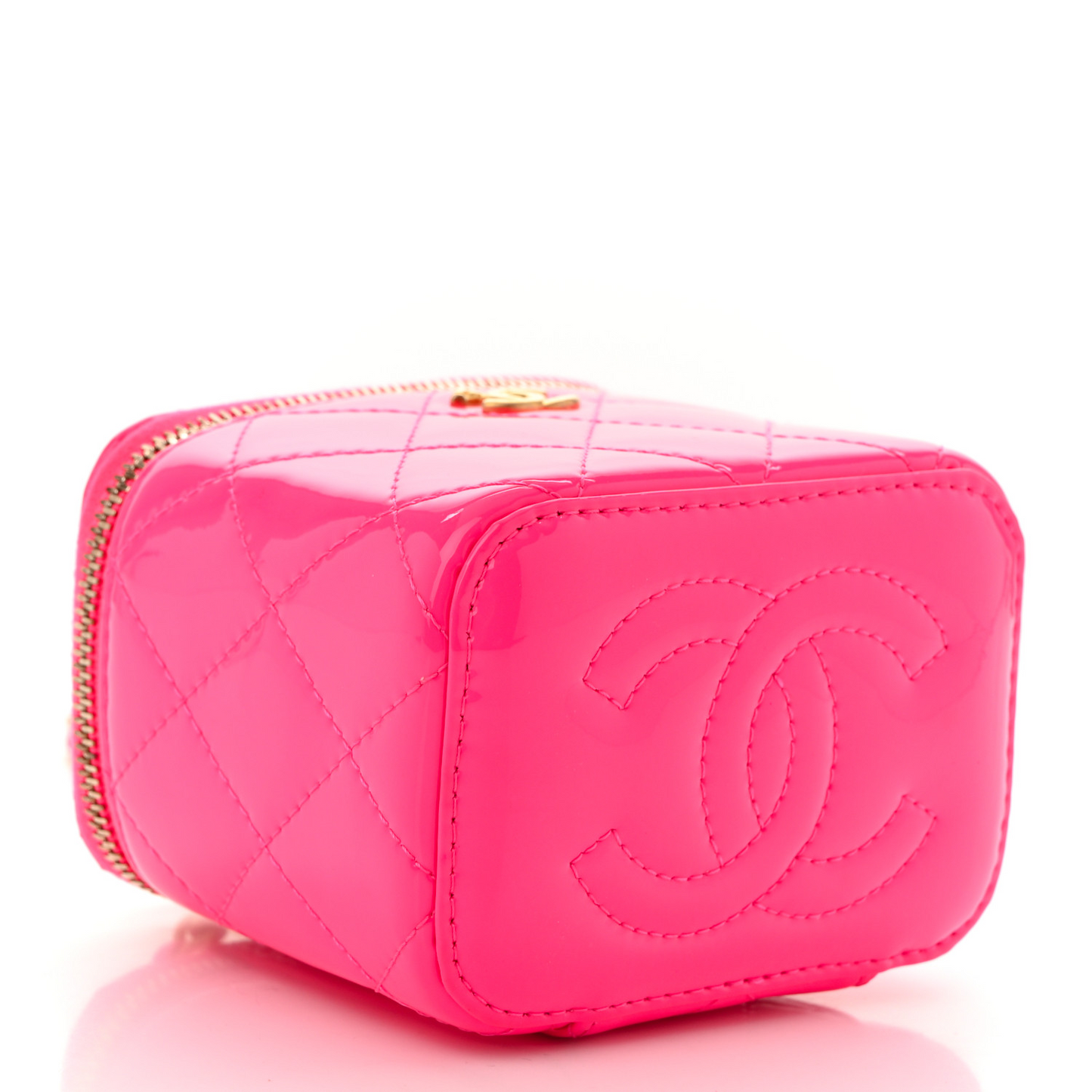 Patent Quilted Pearl Crush Mini Vanity Case With Chain Neon Pink