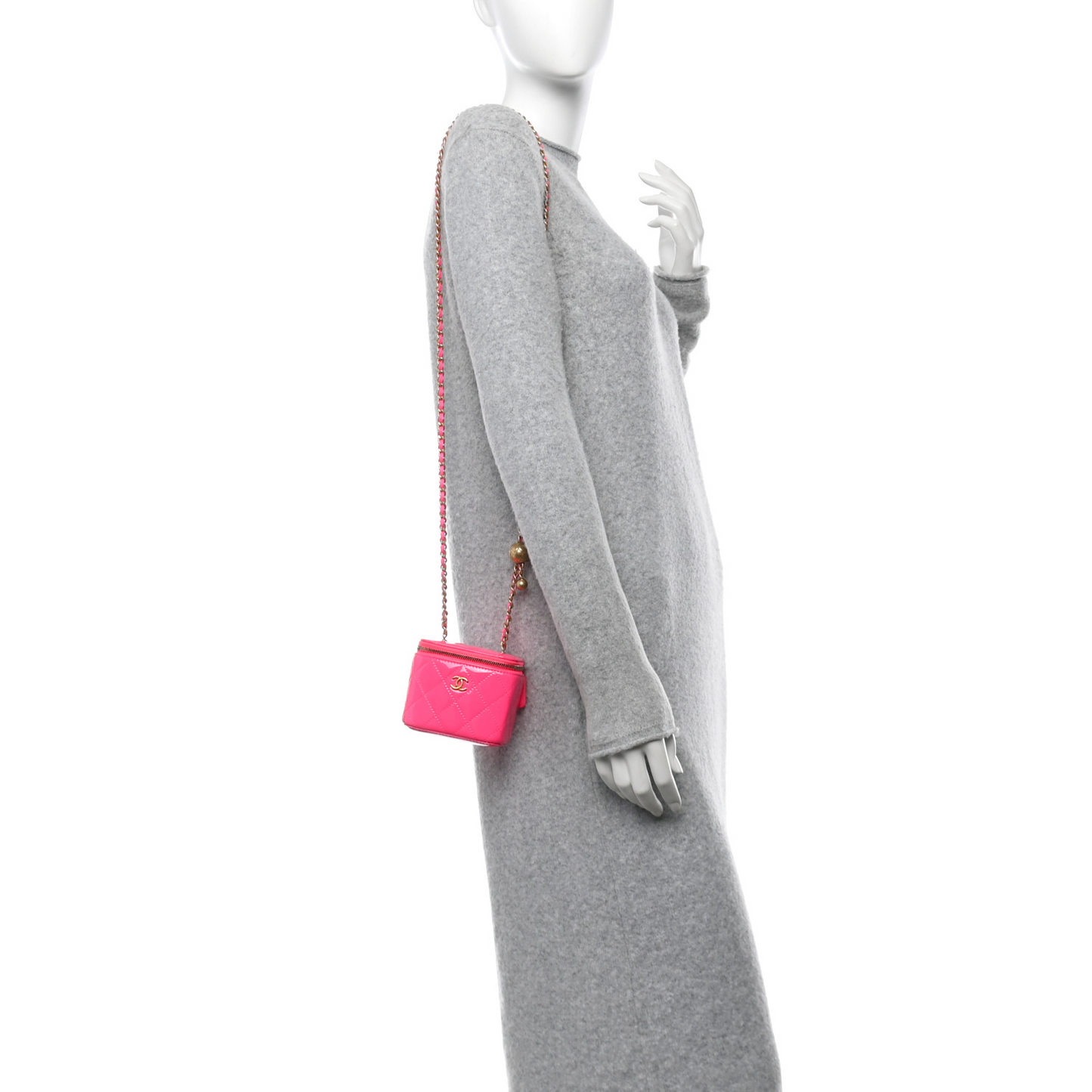 Patent Quilted Pearl Crush Mini Vanity Case With Chain Neon Pink