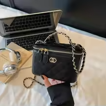 Lambskin Quilted Top Handle Mini Vanity Case With Chain Beige