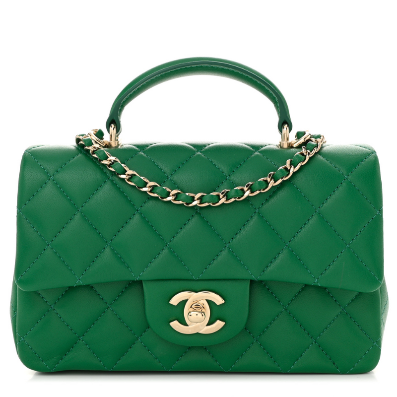 Lambskin Quilted Mini Top Handle Rectangular Flap Green