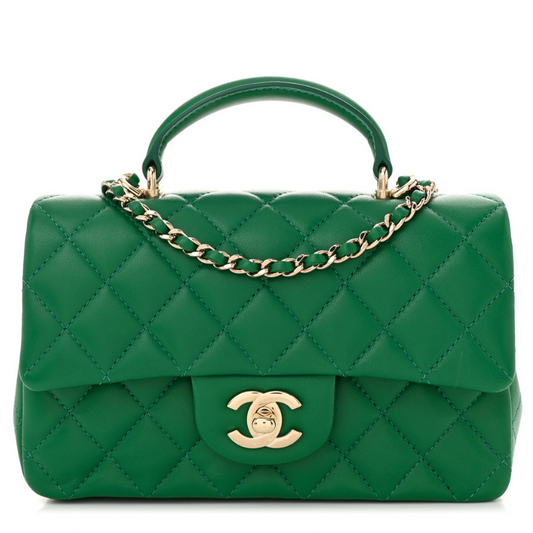 Lambskin Quilted Mini Top Handle Rectangular Flap Green