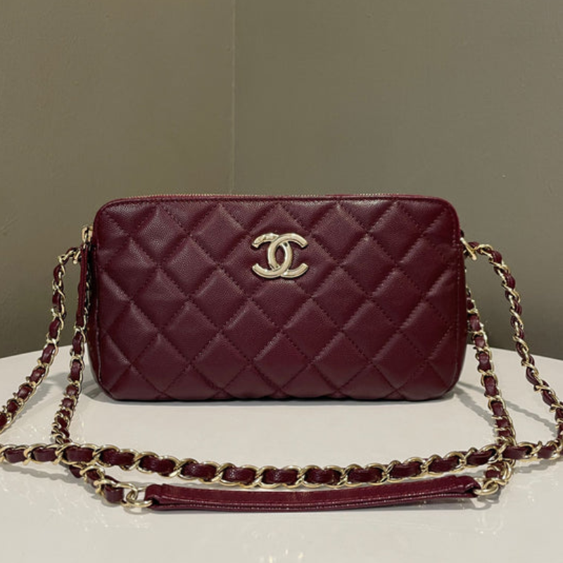 Chanel Quilted Cc Double Zip Camera Bag Burgundy Caviar