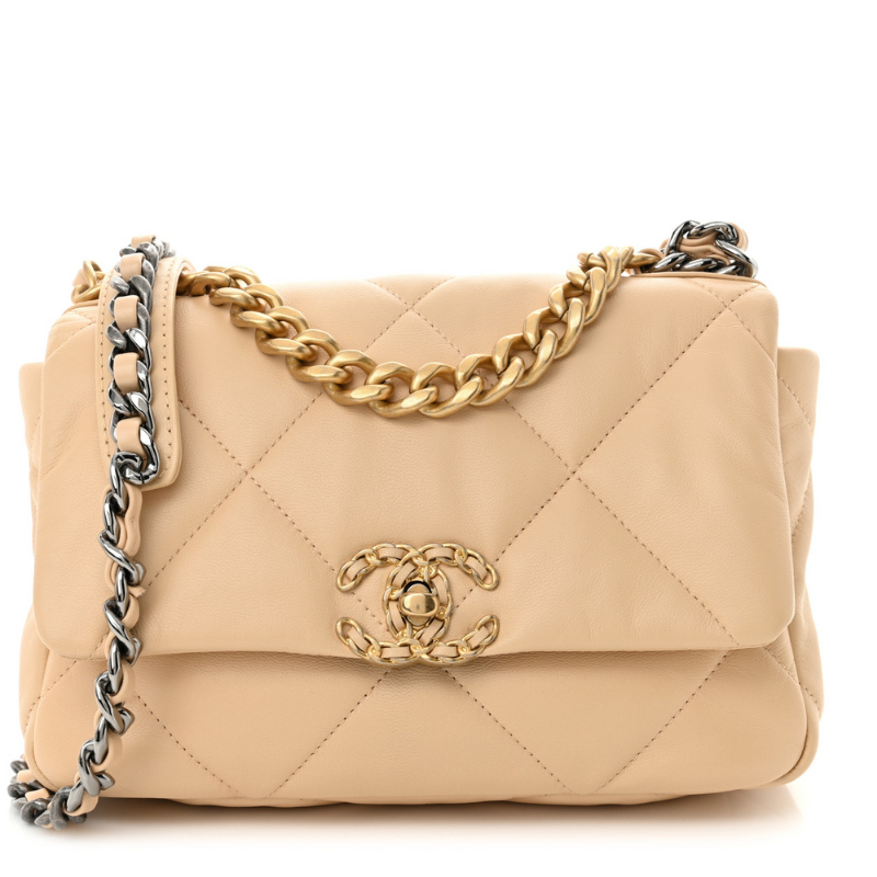 Shiny Goatskin Quilted Medium Chanel 19 Flap Beige