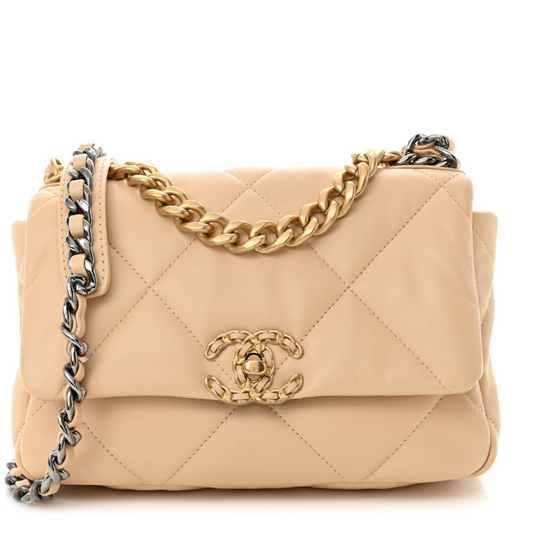Shiny Goatskin Quilted Medium Chanel 19 Flap Beige