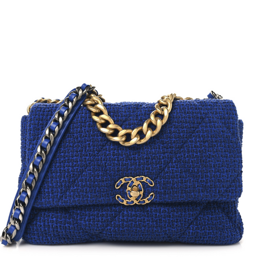 Tweed Quilted Large Chanel 19 Flap Blue