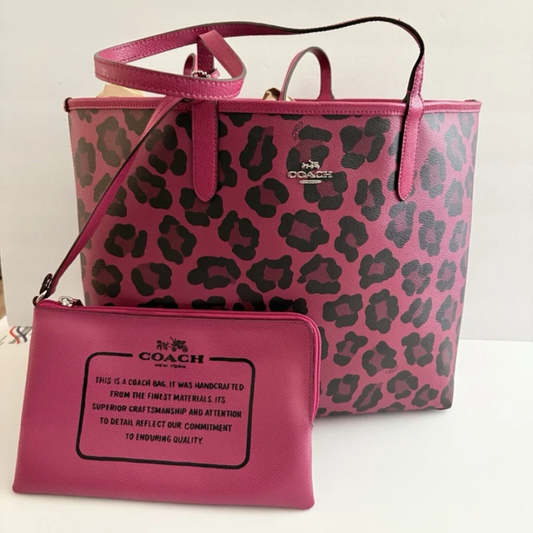 COACH REVERSIBLE CITY TOTE IN WILD BEAST PRINT CANVAS CRAMBERRY F36643 EUC