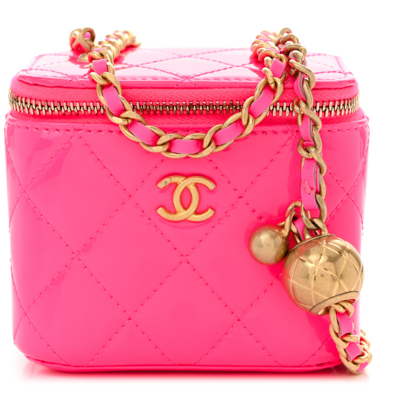 Patent Quilted Pearl Crush Mini Vanity Case With Chain Neon Pink