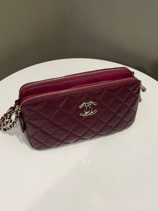 Chanel Quilted Cc Double Zip Camera Bag Burgundy Caviar