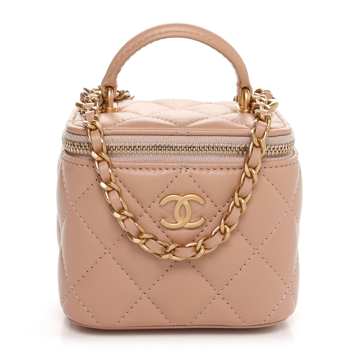 Lambskin Quilted Top Handle Mini Vanity Case With Chain Beige