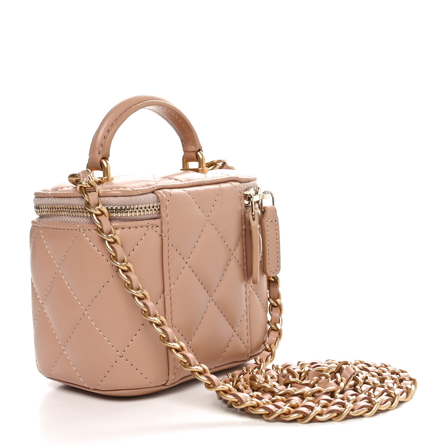 Lambskin Quilted Top Handle Mini Vanity Case With Chain Beige